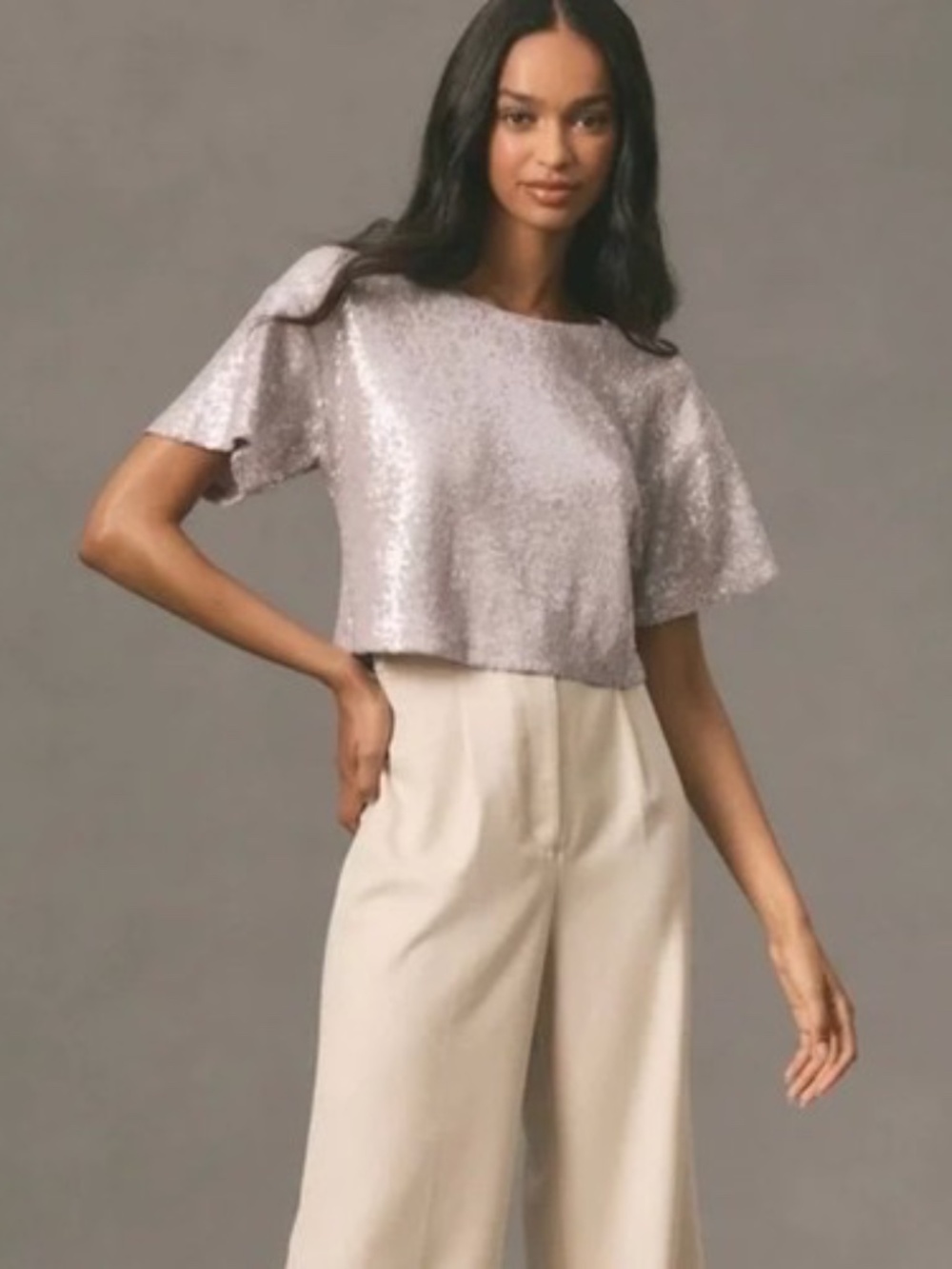 Silver Sequin Short Sleeve Crop Top - Women's Sparkle Tee